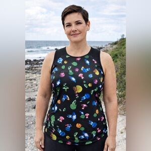 TomboyX Swim Tank Top Sz Medium Black Rainbow Jellyfish Print Sun Protection UPF